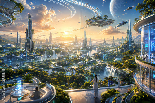 A futuristic city with advanced architecture, floating platforms, and lush greenery features a woman standing on a balcony overlooking the urban landscape at sunset.