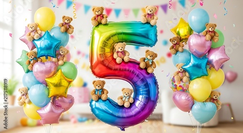 Rainbow number five balloon with teddy bears for a fifth birthday party celebration decoration