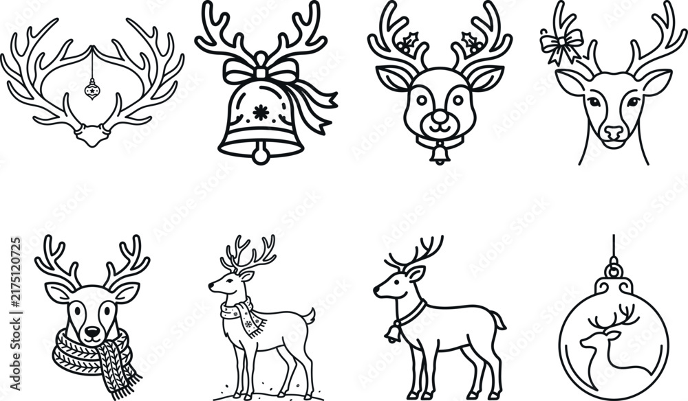 Fototapeta premium Reindeer and christmas bell sketches on a white background