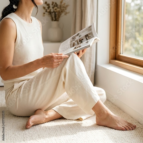 Relaxed Woman Reading Magazine by Sunlit Window