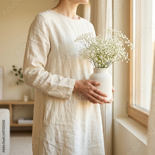 Soft Linen Beige Dress Woman Holding White Vase with Baby's Breath Flowers by Window