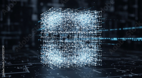 Obraz na płótnie Glowing digital data cube structure floats over advanced technological networking circuits while processing complex mathematical algorithms within a futuristic cyberspace environment