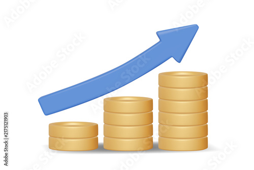 3d render icon illustration of stacked gold coins with rising blue growth arrow chart symbol isolated on transparent background for finance investment economy graphic marketing app ui design