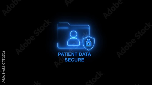 Patient data secure neon animation, medical cybersecurity and digital health privacy concept for healthcare technology and electronic records protection