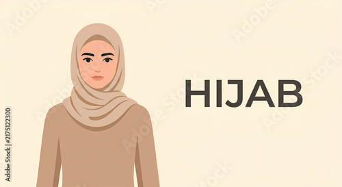A woman wearing a tan hijab is depicted in this illustration with the word 'HIJAB' next to her.