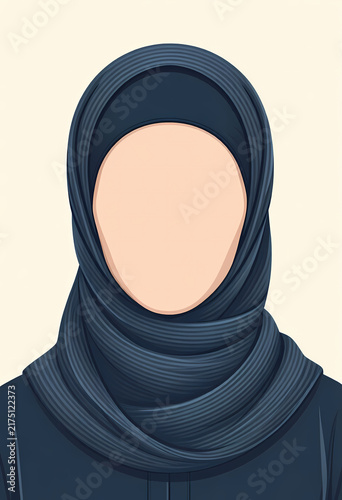 A woman wears a dark blue hijab and abaya, a representation of Islamic culture and modesty.