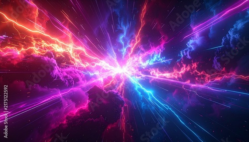 中央へ集中する多色のエネルギー衝突と稲妻。鮮やかなネオンカラーの光線と星雲が交差するSF・サイバー風背景素材