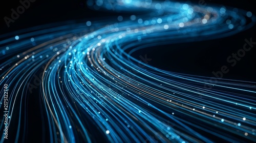 Futuristic digital landscape featuring a flowing river of high-speed financial data.