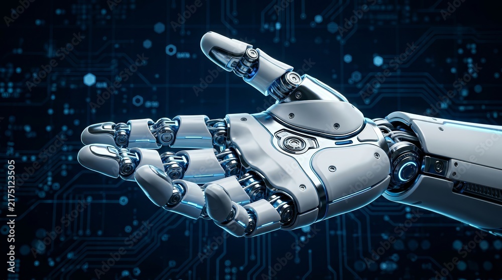 Fototapeta premium Close up of a high-tech artificial intelligence robotic hand in a digital space.