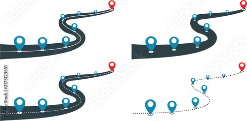 Winding road map infographic set, curved highway with location pin markers route timeline collection vector