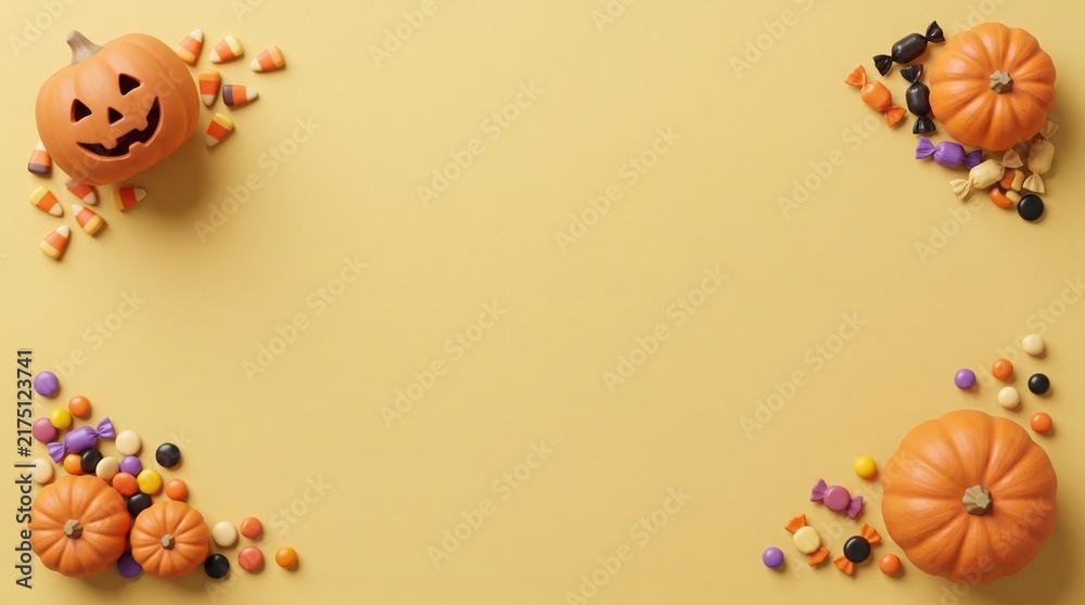 Obraz premium Halloween pumpkins and colorful candy arranged in a festive corner border