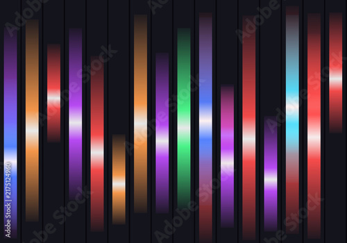 Abstract background with glowing colorful vertical neon lines representing sound waves, music equalizer, and digital signal spectrum