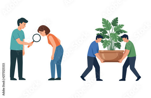 People Collaborating on Creative Projects and Plant Care Flat Vector Illustration