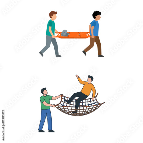 Vector Illustration Set of Rescue Workers Carrying Stretcher and Saving Person with Safety Net