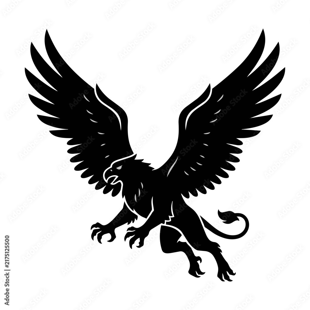 Fototapeta premium Black silhouette of a soaring griffin with extended wings and talons in a bold minimalist design mythological creature concept