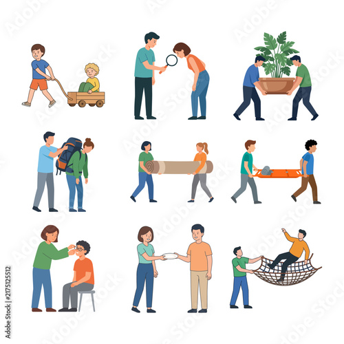 Diverse People Engaged in Collaborative Tasks and Helpful Social Activities Set