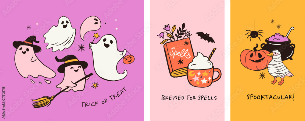 Fototapeta premium Halloween posters, cards and banners with ghosts, cauldron, pumpkin and spell book. Playful hand drawn vector illustration and background