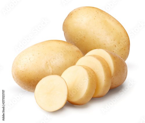 sliced raw potato isolated on white background. clipping path