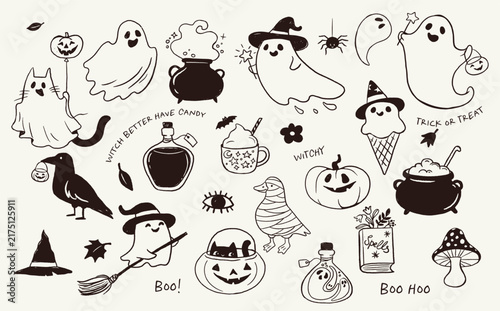 Bild auf Leinwand Black and white hand-drawn Halloween icon collection with cute ghosts, pumpkins, cauldrons, magic potions, witch hat, crow, mummy and other spooky doodles