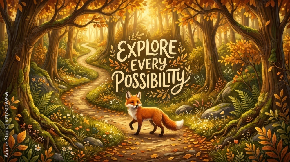 Obraz premium Whimsical Fox on a Winding Path Through an Enchanted Autumn Forest with Motivational Text