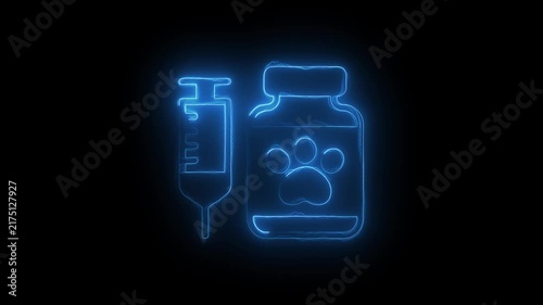 Neon glowing veterinary medicine with syringe and pet paw print for animal healthcare and clinic branding
