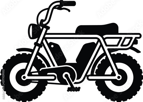 A detailed black and white vector illustration of a rugged mini bike or vintage electric moped.