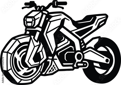 A bold vector illustration of a modern futuristic naked sports motorcycle design icon.