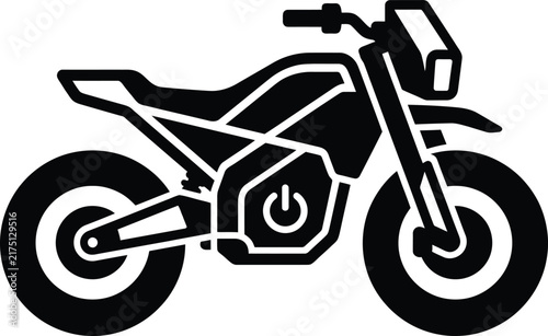Minimalist vector silhouette design of an electric motorcycle with a power button icon.