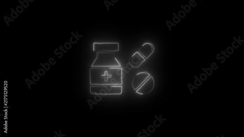 Neon medical pill bottle and tablets animation for healthcare and pharmaceutical concepts pharmacy pills