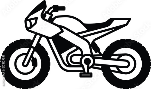 A high contrast black and white minimalist line art graphic of a sporty off-road motorbike.
