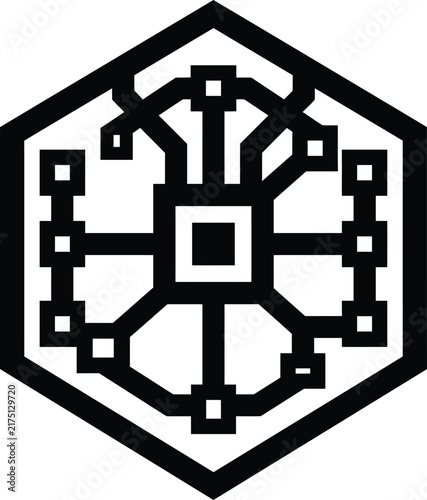 A geometric black and white emblem featuring a central square surrounded by pixelated circuitry patterns enclosed within a thick hexagonal frame designed for modern digital branding.