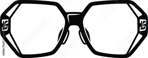 A high contrast black and white graphic illustration featuring a pair of stylish angular designer prescription eyeglasses.