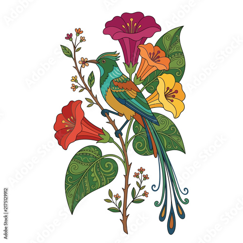 Exotic bird perched on flowering branch, intricate design