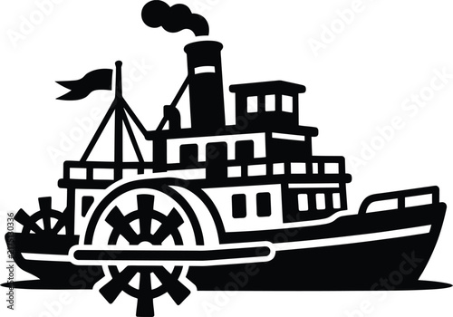 A detailed monochromatic silhouette illustration of a classic vintage paddle boat.