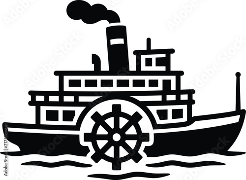A stylized black and white icon illustration featuring a classic vintage paddle wheel steam boat cruising along the river water surface during a calm day.