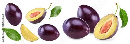 fresh plum fruit with green leaf and cut plum slices isolated on white background. clipping path