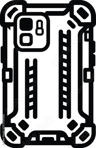 Rugged protective mobile phone cover design with heavy duty armor features and reinforced corners for maximum impact resistance in a clean black and white line art vector graphic illustration.
