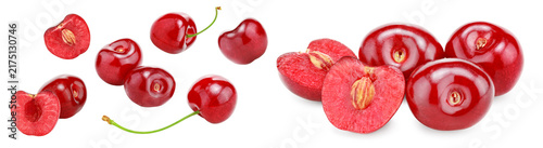 cherry fruits with slices isolated on white background. clipping path