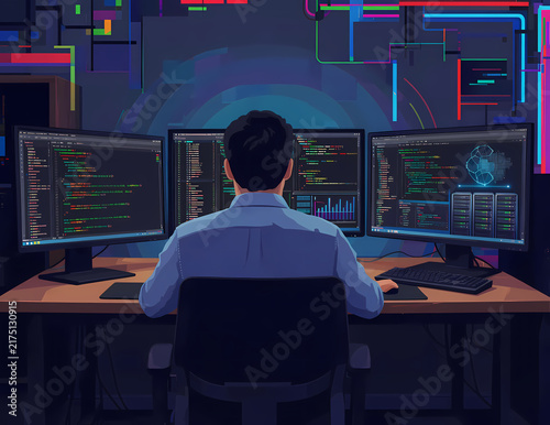 A person works at a computer with multiple monitors displaying code.