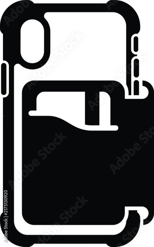 Minimalist smartphone case silhouette icon featuring an integrated card holder slot for convenient storage of identification or payment cards.