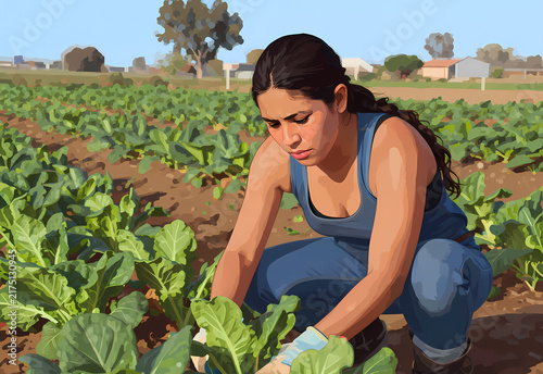 Young woman tending crops in a field on a sunny day.