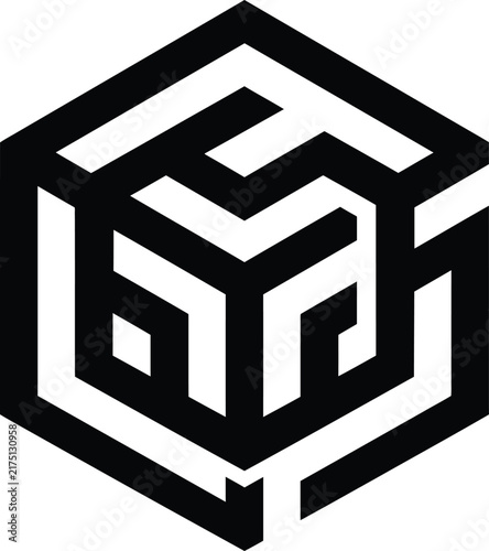 A geometric monochrome logo design featuring a stylized three dimensional hexagonal cube structure with intricate minimalist line patterns.