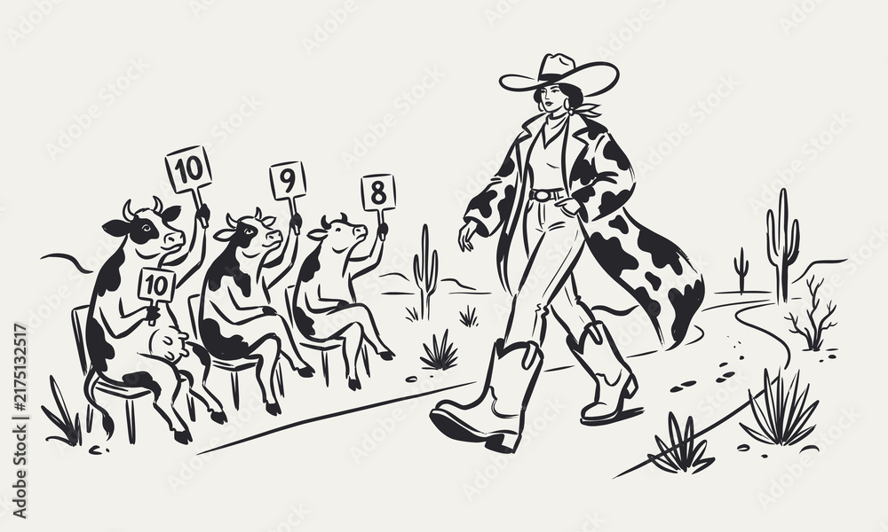 Fototapeta premium Fashionable cowgirl walking in desert with cows judging her outfit line art