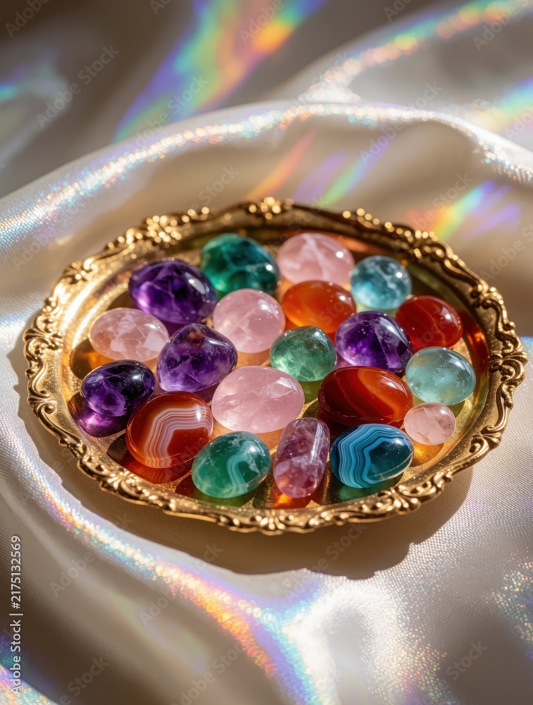 Obraz premium Colorful gemstones rest on ornate gold tray. Stones sit on iridescent fabric with rainbow light effect. Collection of polished minerals is aesthetically arranged for display.