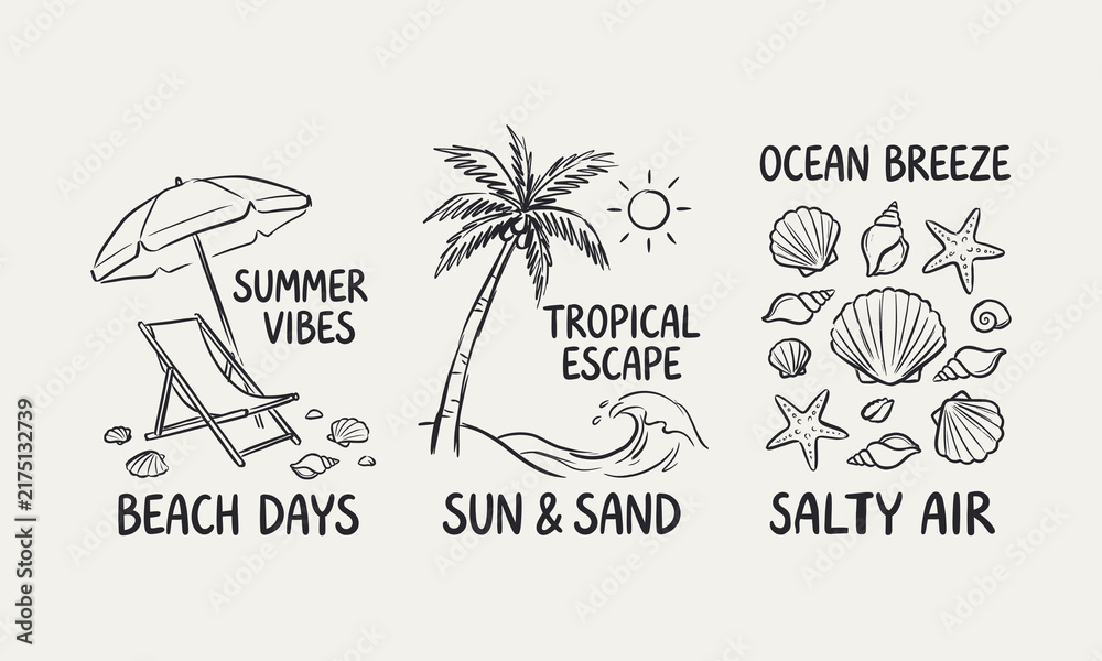 Obraz premium Hand drawn beach vacation sketches with palm trees seashells sun and summer quotes