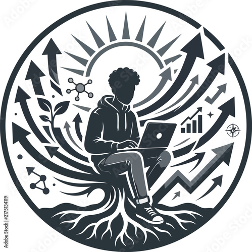 Man Laptop Growth Concept Tree Root Arrow