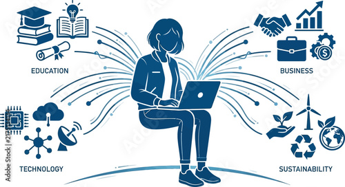 Woman Laptop Business Technology Network Diagram