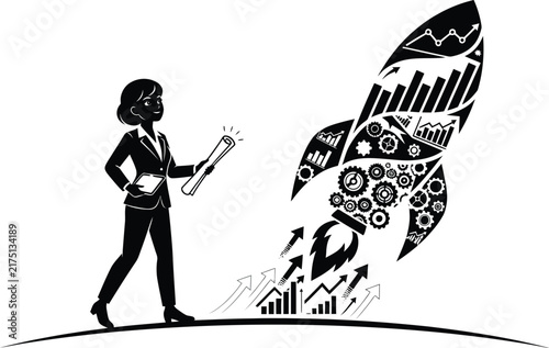 Businesswoman Rocket Launch Tech Success Vector