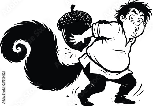Funny man with squirrel tail carrying giant acorn comic vector