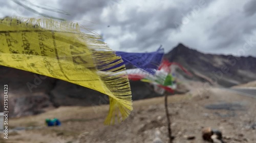 buddhist colourful tibtan praying flags waving in the wind in the Himalaya